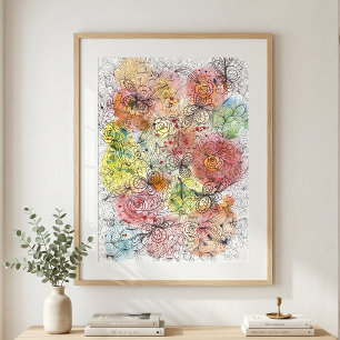 Levendige waterverf Ombre bloemige Doodle-kunst Poster