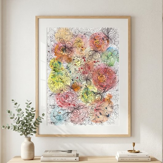 Levendige waterverf Ombre bloemige Doodle-kunst Poster