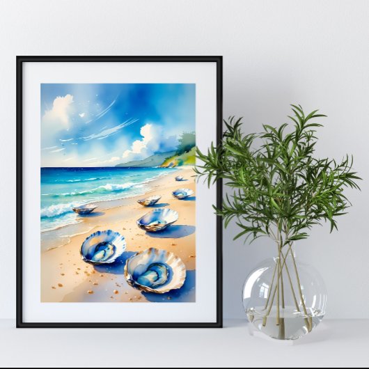 Levendige Waterverf Oyster Seashell Beach Poster