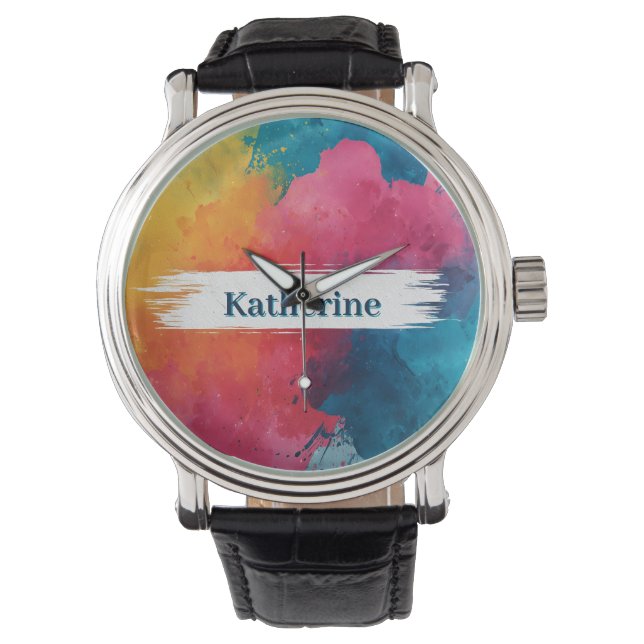 Levendige Waterverf Paint Splash met aangepaste na Horloge (Voorkant)