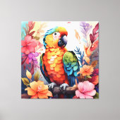 Levendige Waterverf papegaai met tropische bloemen Canvas Afdruk (Voorkant)