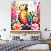 Levendige Waterverf papegaai met tropische bloemen Canvas Afdruk (Insitu (Slaapkamer))