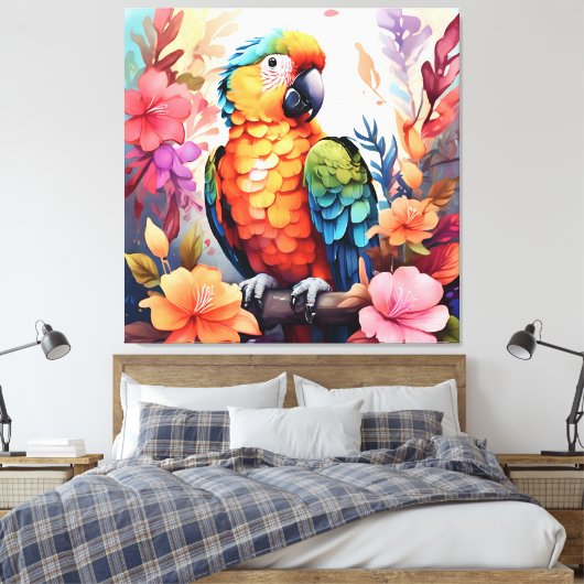 Levendige Waterverf papegaai met tropische bloemen Canvas Afdruk (Insitu (Slaapkamer))
