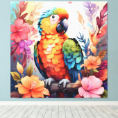 Levendige Waterverf papegaai met tropische bloemen Canvas Afdruk (Insitu (Houten vloer))
