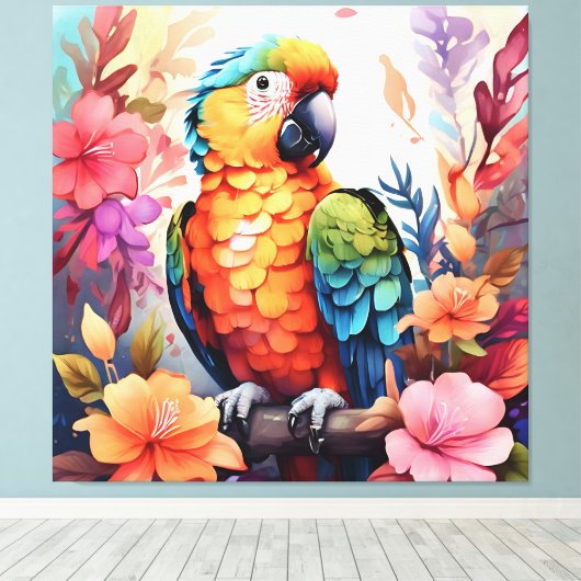 Levendige Waterverf papegaai met tropische bloemen Canvas Afdruk (Insitu (Houten vloer))
