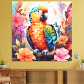 Levendige Waterverf papegaai met tropische bloemen Canvas Afdruk (Insitu (Woonkamer))