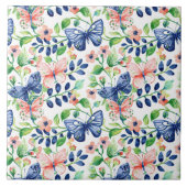 Levendige Waterverf Roze Blauw Bloemen Vlinders Tegeltje (Voorkant)