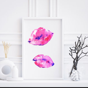 Levendige Waterverf Roze Lippen Abstracte Mode Kun Poster