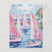 Levendige Waterverf Roze Zeilboten Tropische Kust Briefkaart (Voorkant)