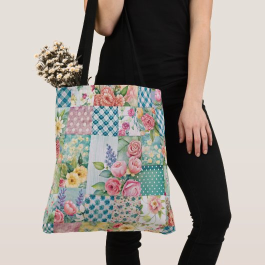 Levendige Waterverf Spring Floral Patchwork Seamle Tote Bag (Dichtbij)