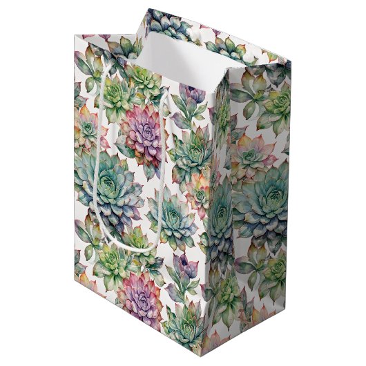 Levendige Waterverf Succulenten Roze & Mint Medium Cadeauzakje (Voorkant Gekanteld)