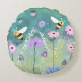 Levendige Waterverf tuin met bijenbloemen Rond Kussen (Voorkant)