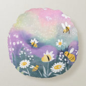 Levendige Waterverf tuin met bijenbloemen Rond Kussen (Voorkant)