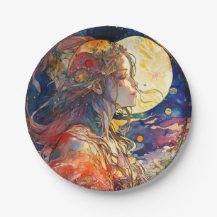Levendige Waterverf van Bord van Girl en Moon Pape