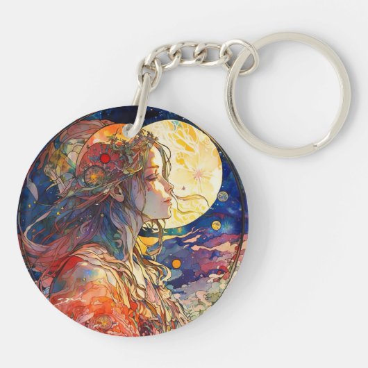 Levendige Waterverf van Girl en Moon AcrylSleutelh Sleutelhanger (Achterkant)
