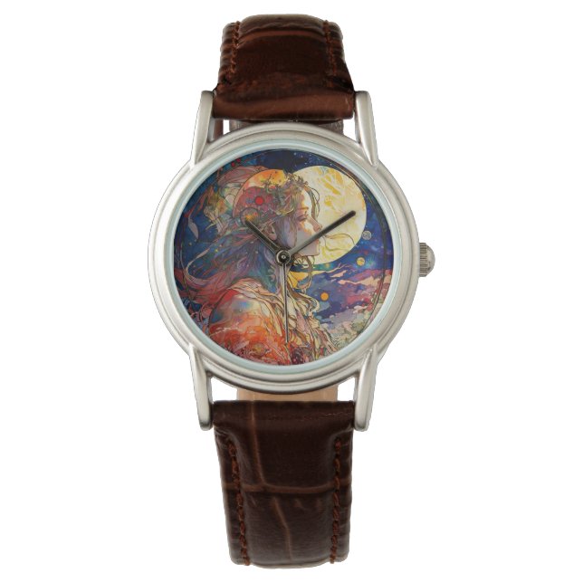 Levendige Waterverf van Girl en Moon Watch Horloge (Voorkant)