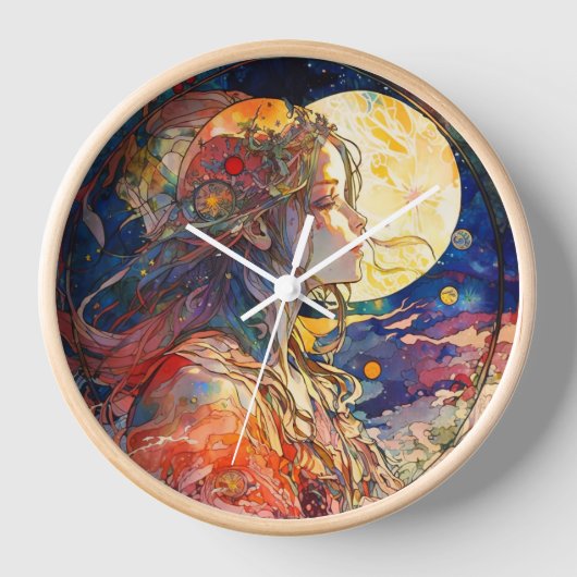 Levendige Waterverf van meiden- en moonwandklok (Voorkant)