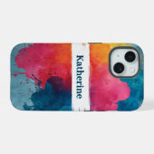 Levendige waterverf verfspat met aangepaste naam iPhone 15 case (Achterkant horizontaal)
