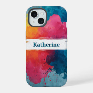 Levendige waterverf verfspat met aangepaste naam iPhone 15 case