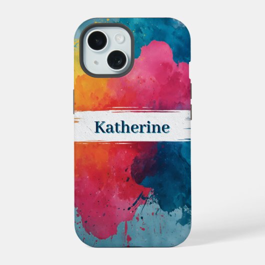 Levendige waterverf verfspat met aangepaste naam iPhone 15 case (Achterkant)