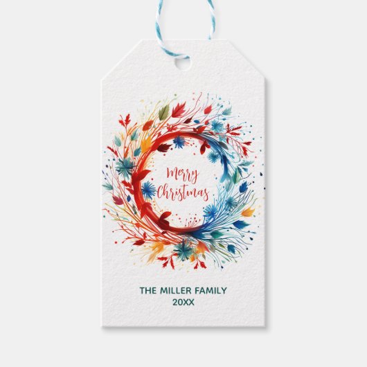 Levendige Waterverf Vrolijke Kerstkrans Cadeaulabel (Voorkant)