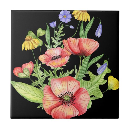 "Levendige Waterverf Wildbloemen op zwart doek Tegeltje (Voorkant)