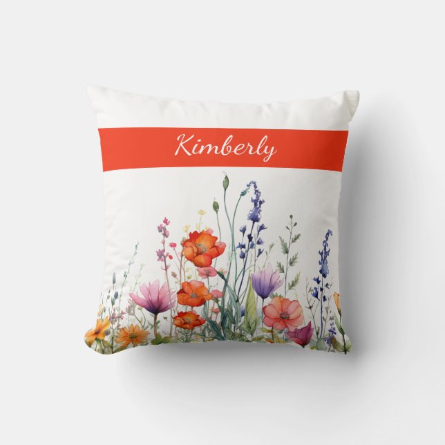 Levendige Waterverf Wilde Bloemen Persoonlijk Kussen (Voorkant)