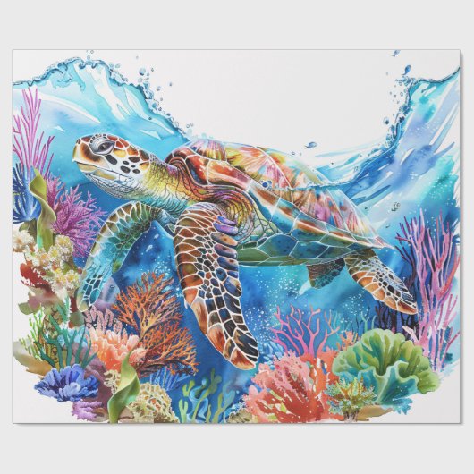 Levendige Waterverf Zee Schildpad Decoupage Cadeaupapier (Vlak)