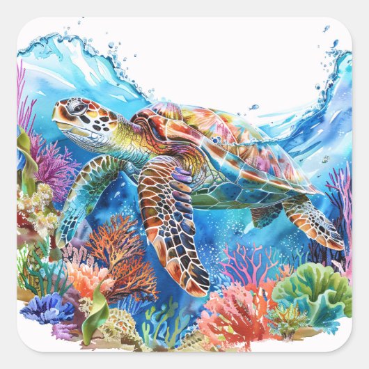 Levendige Waterverf Zee schildpad Vierkante Sticker (Voorkant)
