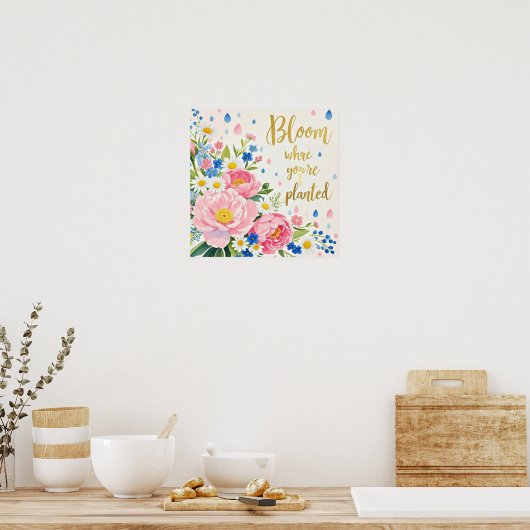 Levendige waterverfboeket van pioenrozen, madelief poster (Keuken)