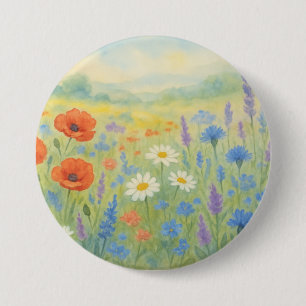 Levendige waterverfweide met wilde bloemen ronde button 7,6 cm