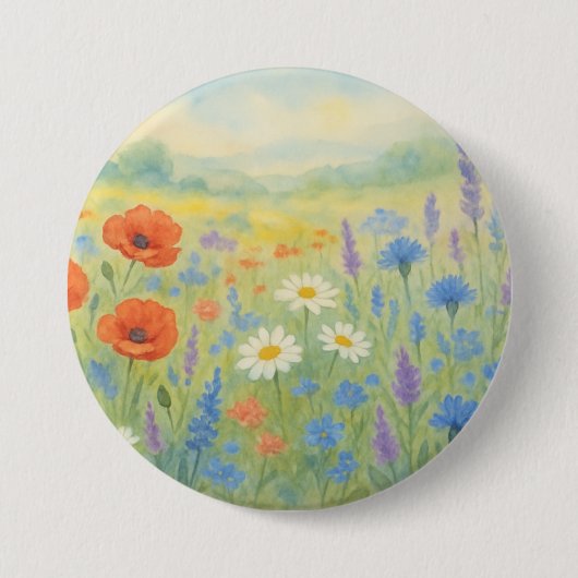 Levendige waterverfweide met wilde bloemen ronde button 7,6 cm (Voorkant)