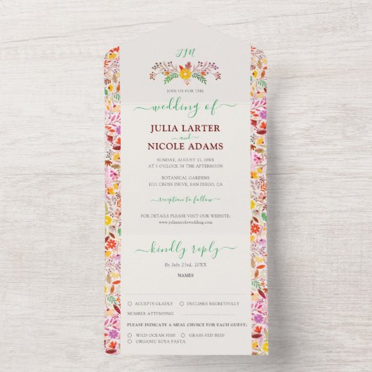 Levendige Waterverven Zomertulp Bloemen Bruiloft All In One Uitnodiging (Binnen)