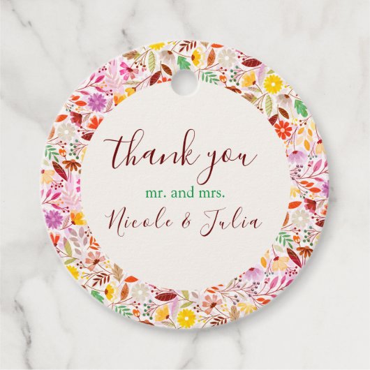 Levendige Waterverven Zomertulp Bloemen Bruiloft Bedankjes Labels (Voorkant)