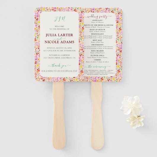 Levendige Waterverven Zomertulp Bloemen Bruiloft Handwaaier (Voorkant en achterkant)