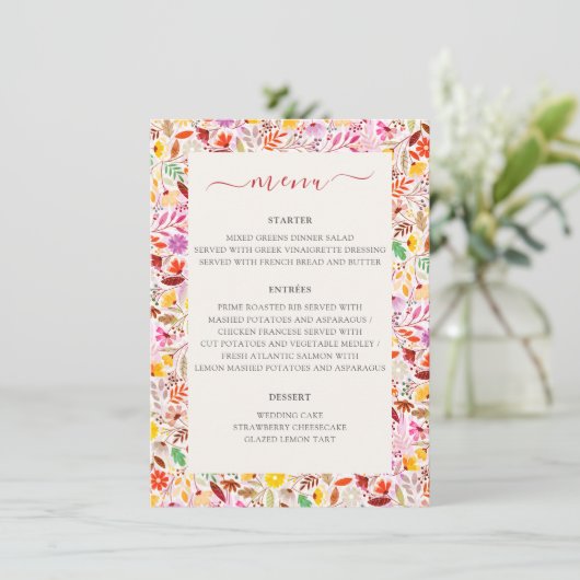 Levendige Waterverven Zomertulp Bloemen Bruiloft Menu (Staand voorkant)