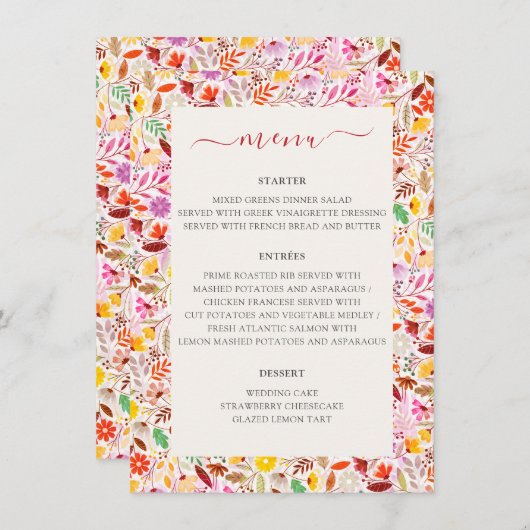 Levendige Waterverven Zomertulp Bloemen Bruiloft Menu (Voorkant / Achterkant)