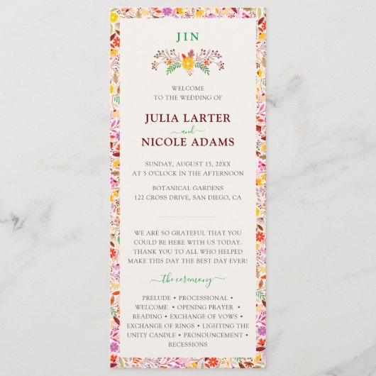 Levendige Waterverven Zomertulp Bloemen Bruiloft Programmakaart (Voorkant)