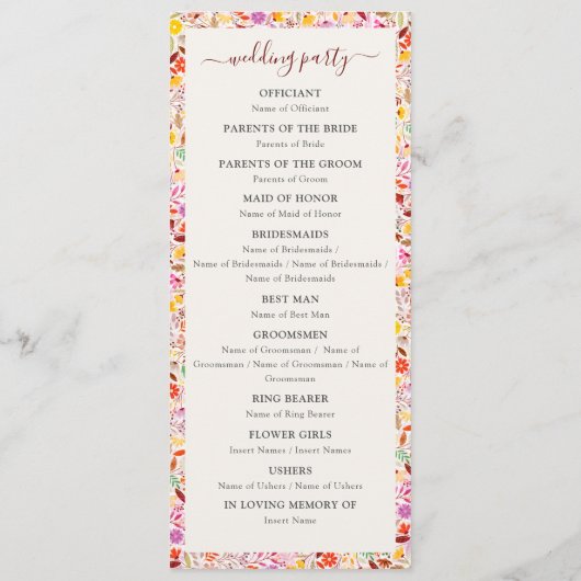 Levendige Waterverven Zomertulp Bloemen Bruiloft Programmakaart (Achterkant)