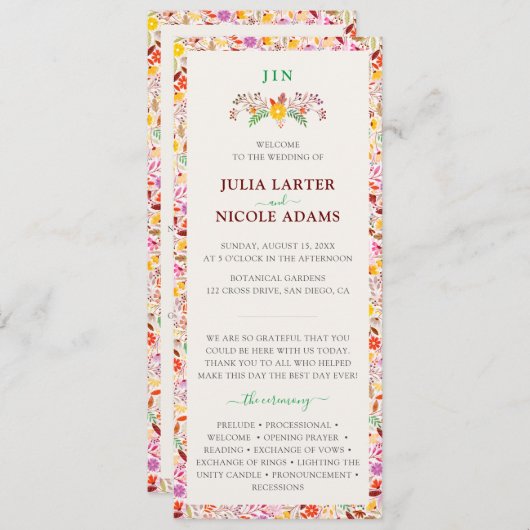 Levendige Waterverven Zomertulp Bloemen Bruiloft Programmakaart (Voorkant / Achterkant)