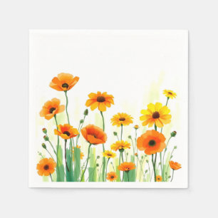 Levendige weide Waterverf met Poppies Zonnebloemen Servet