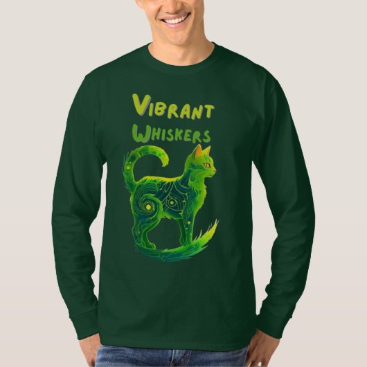 Levendige Whiskers: Groene en Gele Kattenkunst T-shirt (Voorkant)