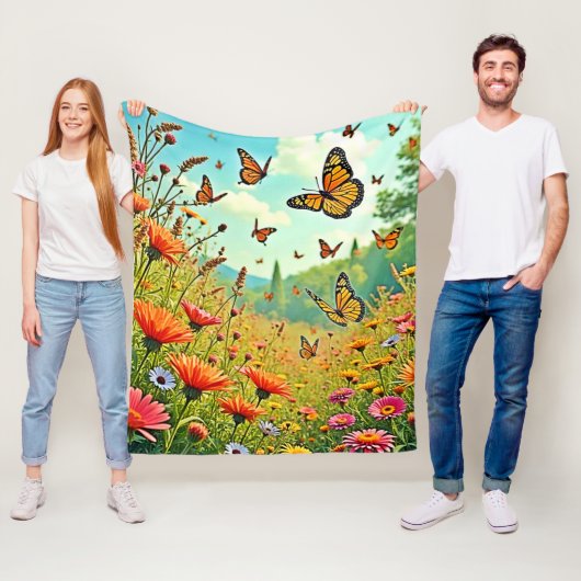 Levendige Wildbloem Vlinder Vreugde Design Fleece Deken (In situ)