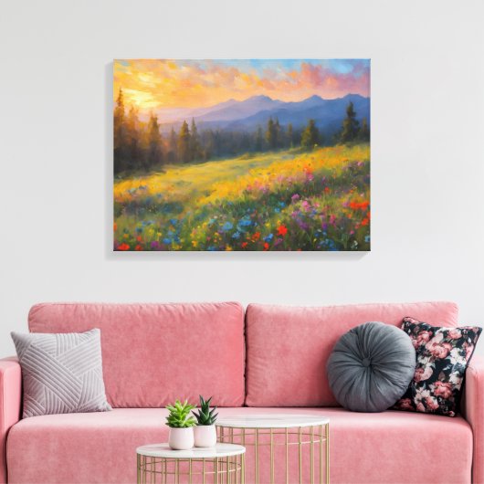 Levendige wilde bloemen bloeien in de weide, zonso canvas afdruk (Insitu (Woonkamer))