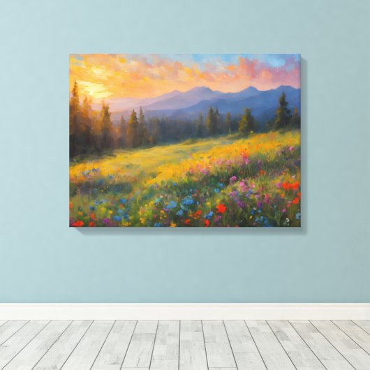 Levendige wilde bloemen bloeien in de weide, zonso canvas afdruk (Insitu (Houten vloer))