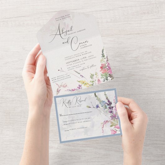 Levendige wilde bloemen Roze Violet Yellow in één All In One Uitnodiging (Afscheurbaar)