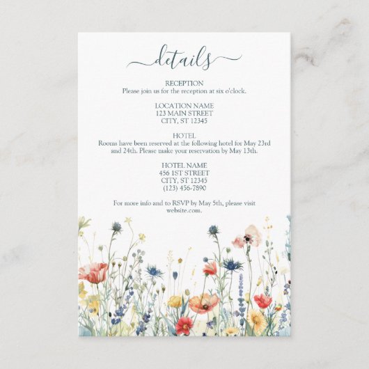 Levendige Wildflower bruiloft details Informatiekaartje (Voorkant)