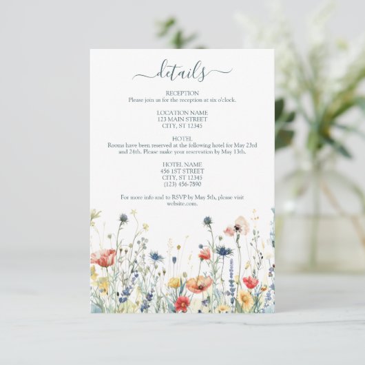 Levendige Wildflower bruiloft details Informatiekaartje (Staand voorkant)