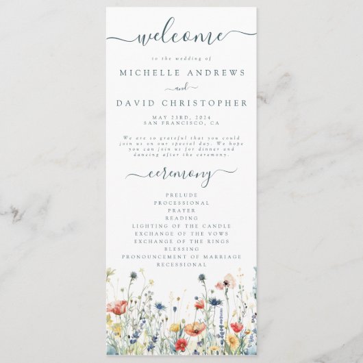 Levendige Wildflower bruiloft Programmakaart (Voorkant)