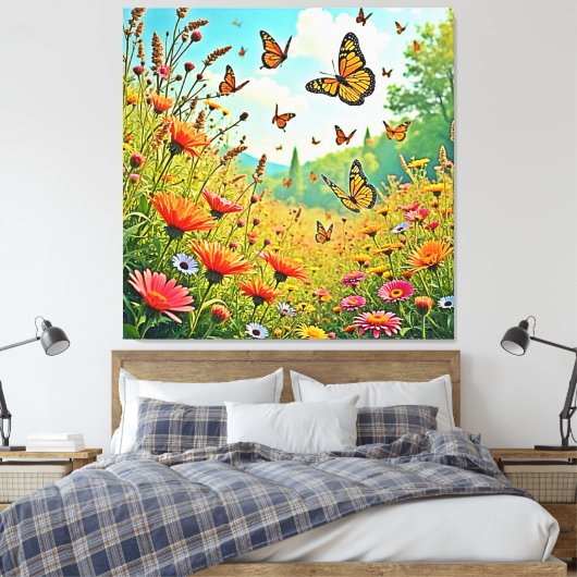 Levendige Wildflower Butterfly Joy Design Canvas Afdruk (Insitu (Slaapkamer))